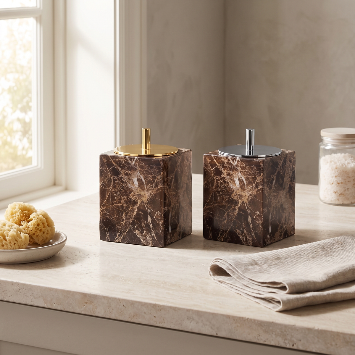 Emperador marble pieces with gold and silver hardware
