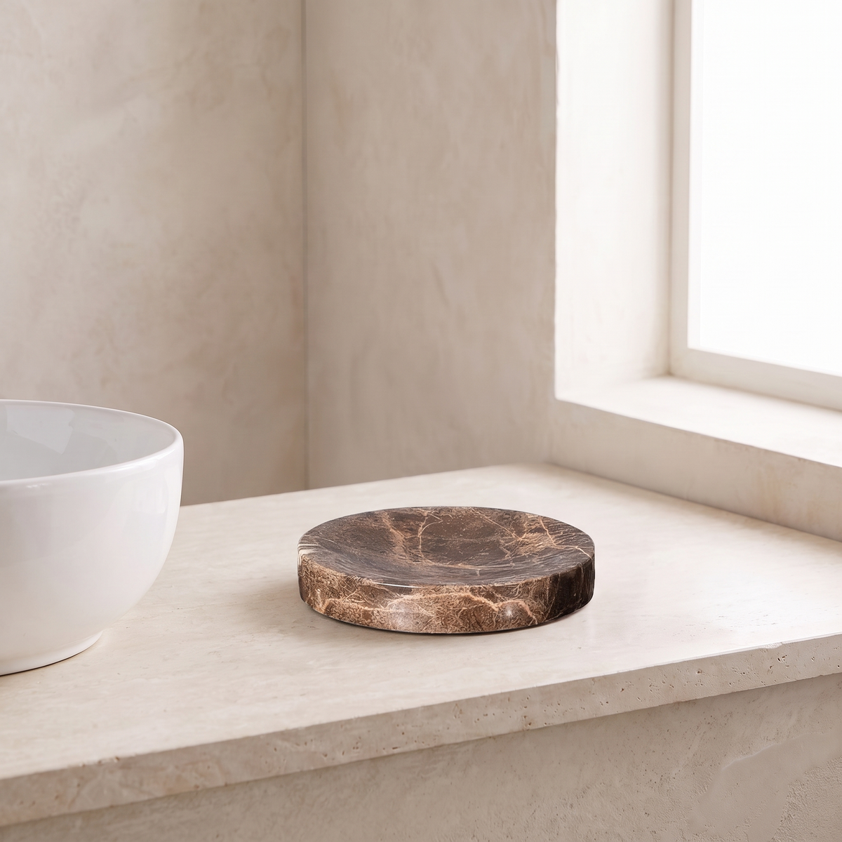 Emperador marble soap dish, round