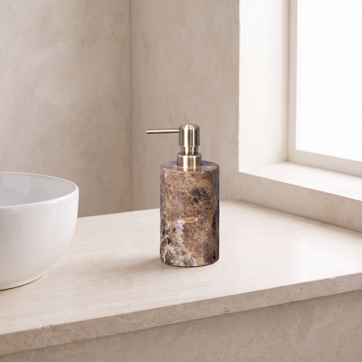 Emperador marble soap dispenser, round, brass