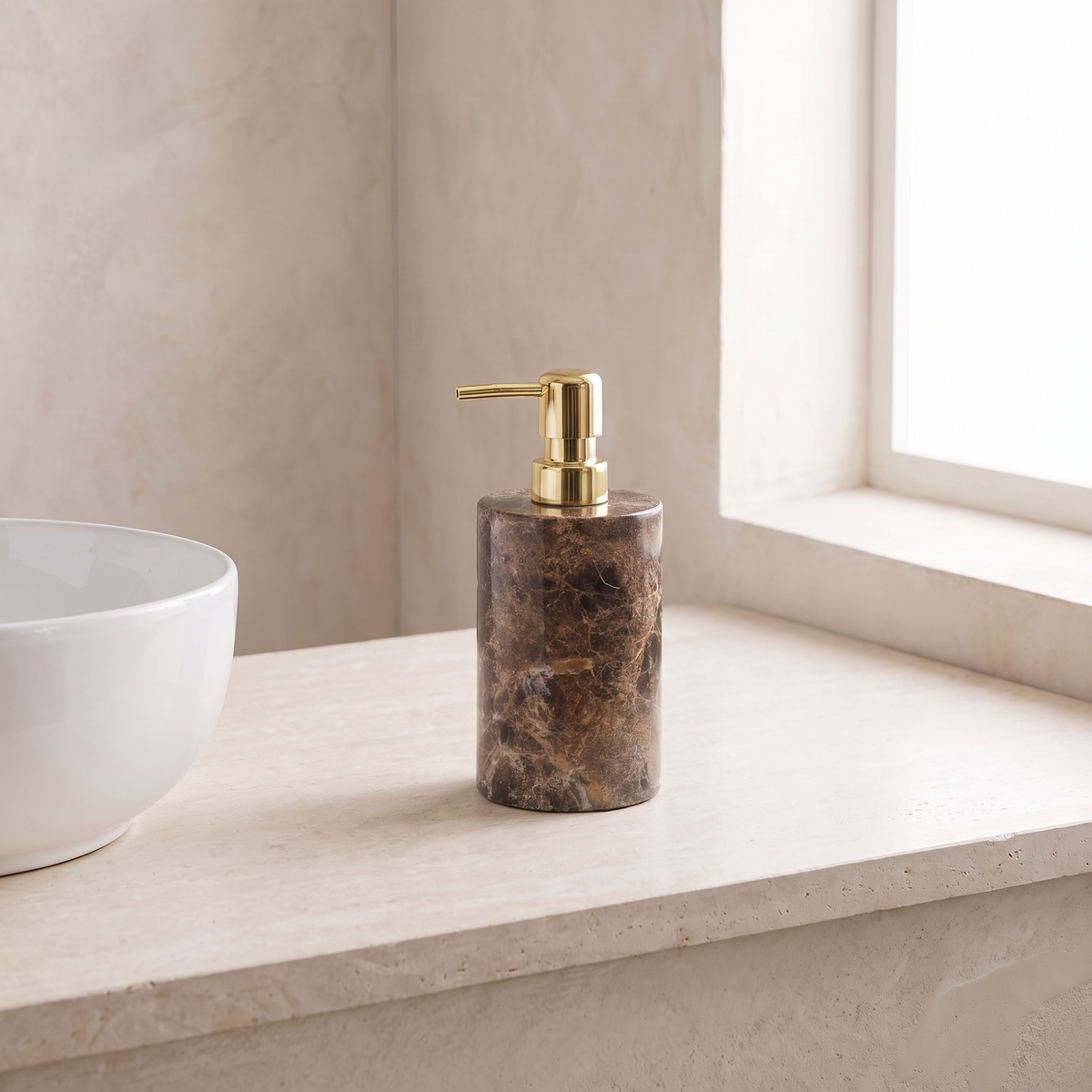 Emperador marble soap dispenser, round, gold