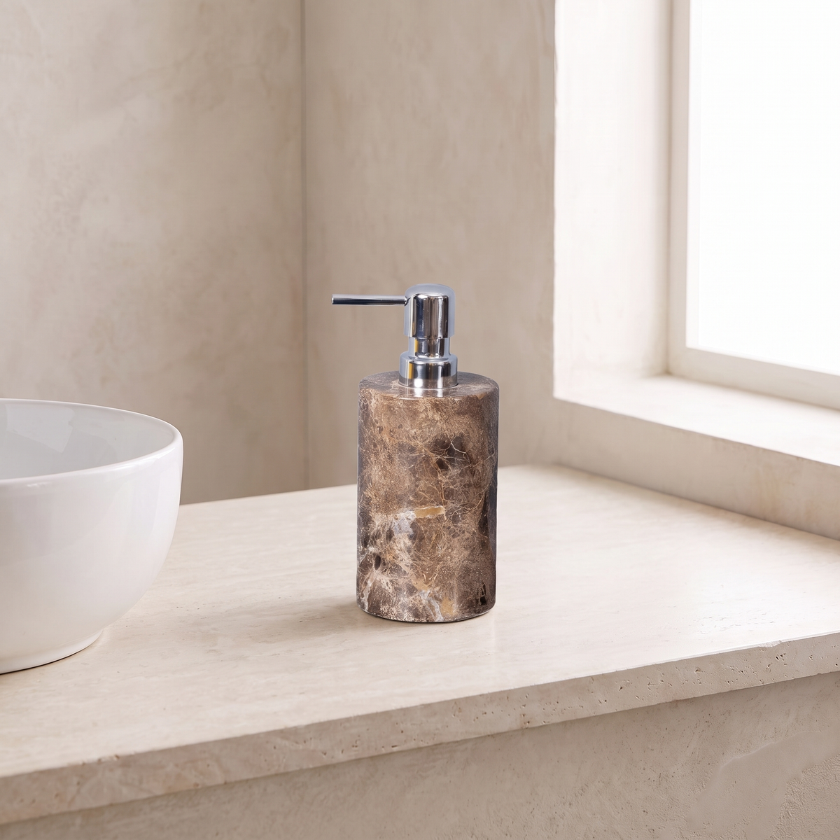 Emperador marble soap dispenser, round, silver