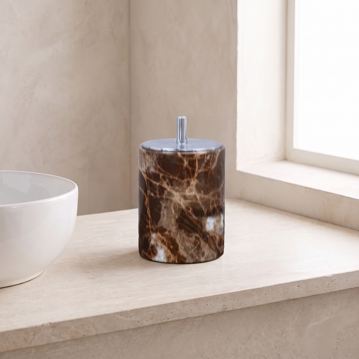 Emperador marble swab box, round, silver lid