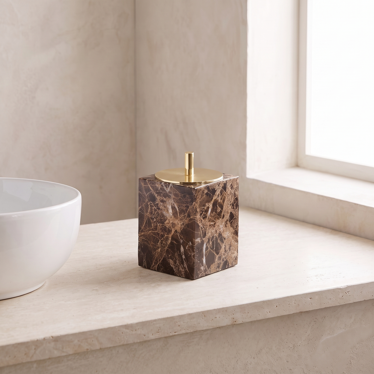 Emperador marble swab box, square, gold lid