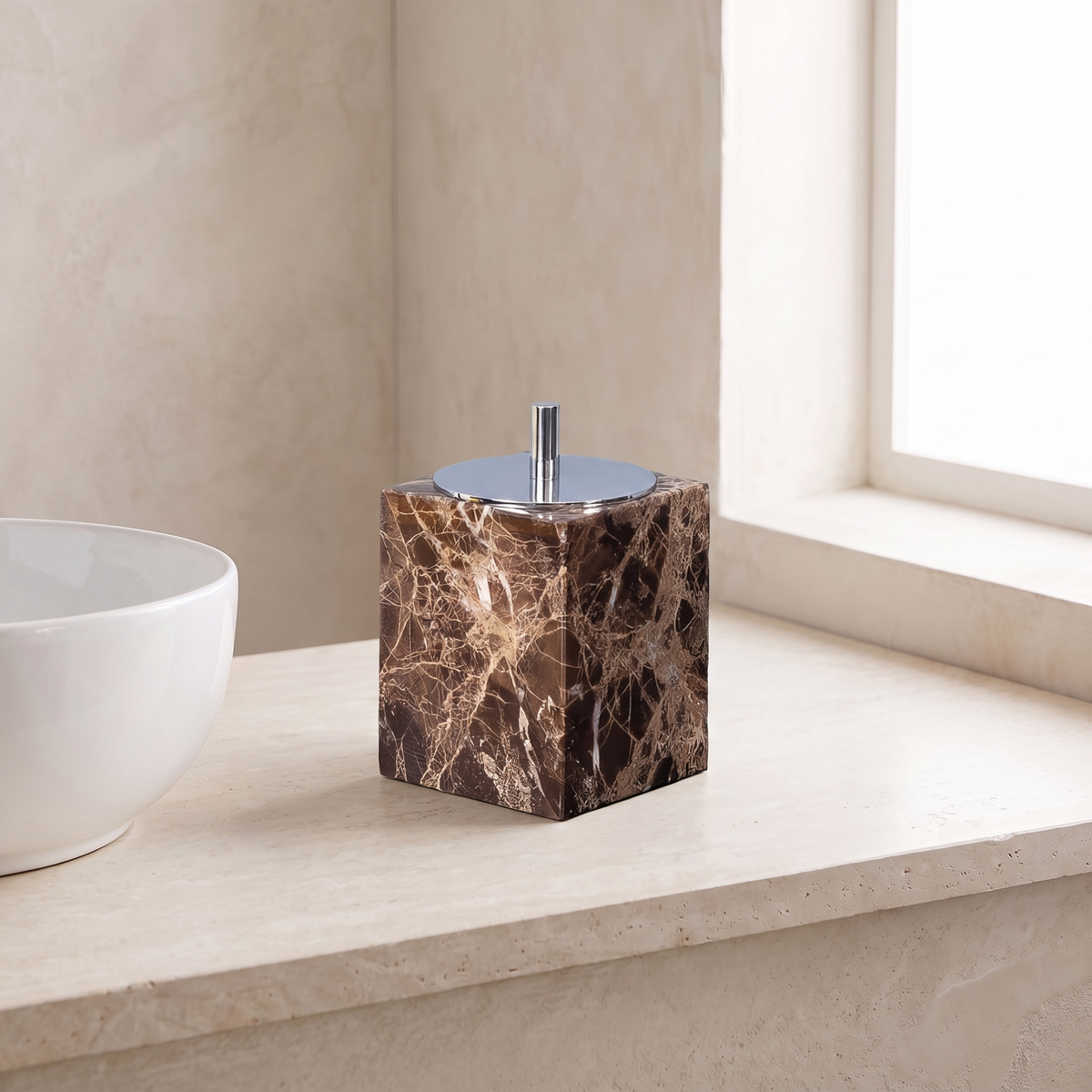 Emperador marble swab box, square, silver lid