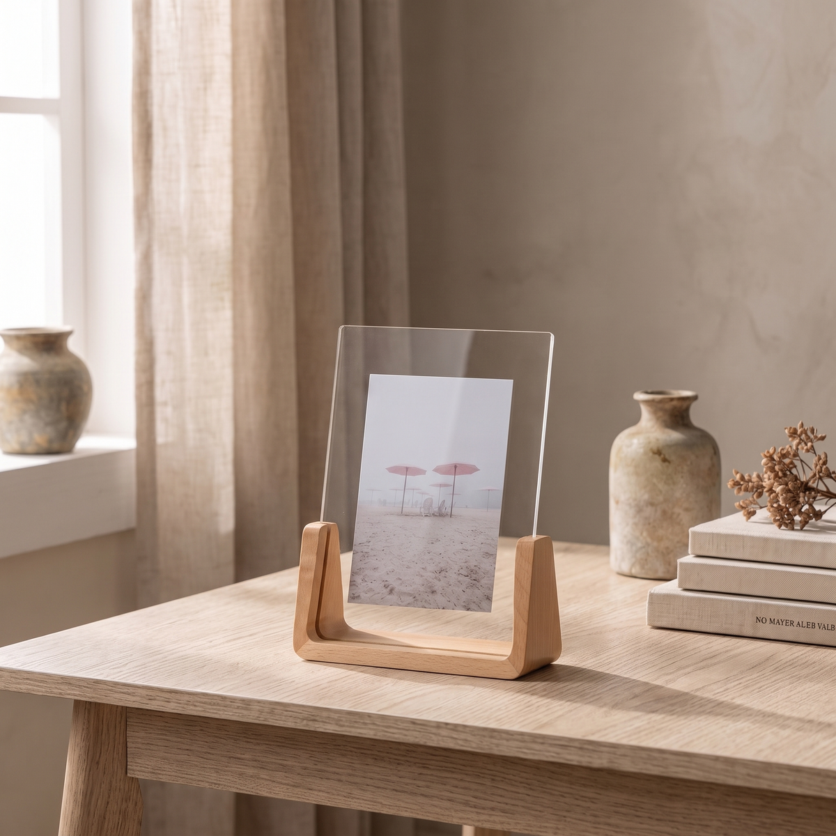 Close view of the Fana frame showing the print held in clear acrylic