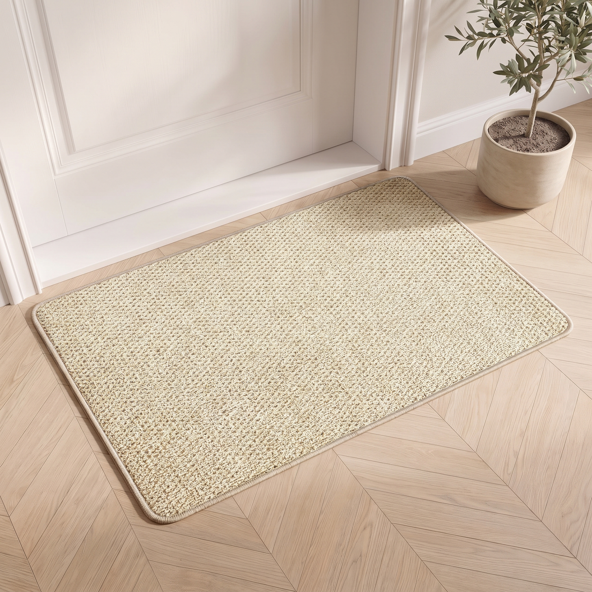 Faux jute door mat in cream inside a white front door