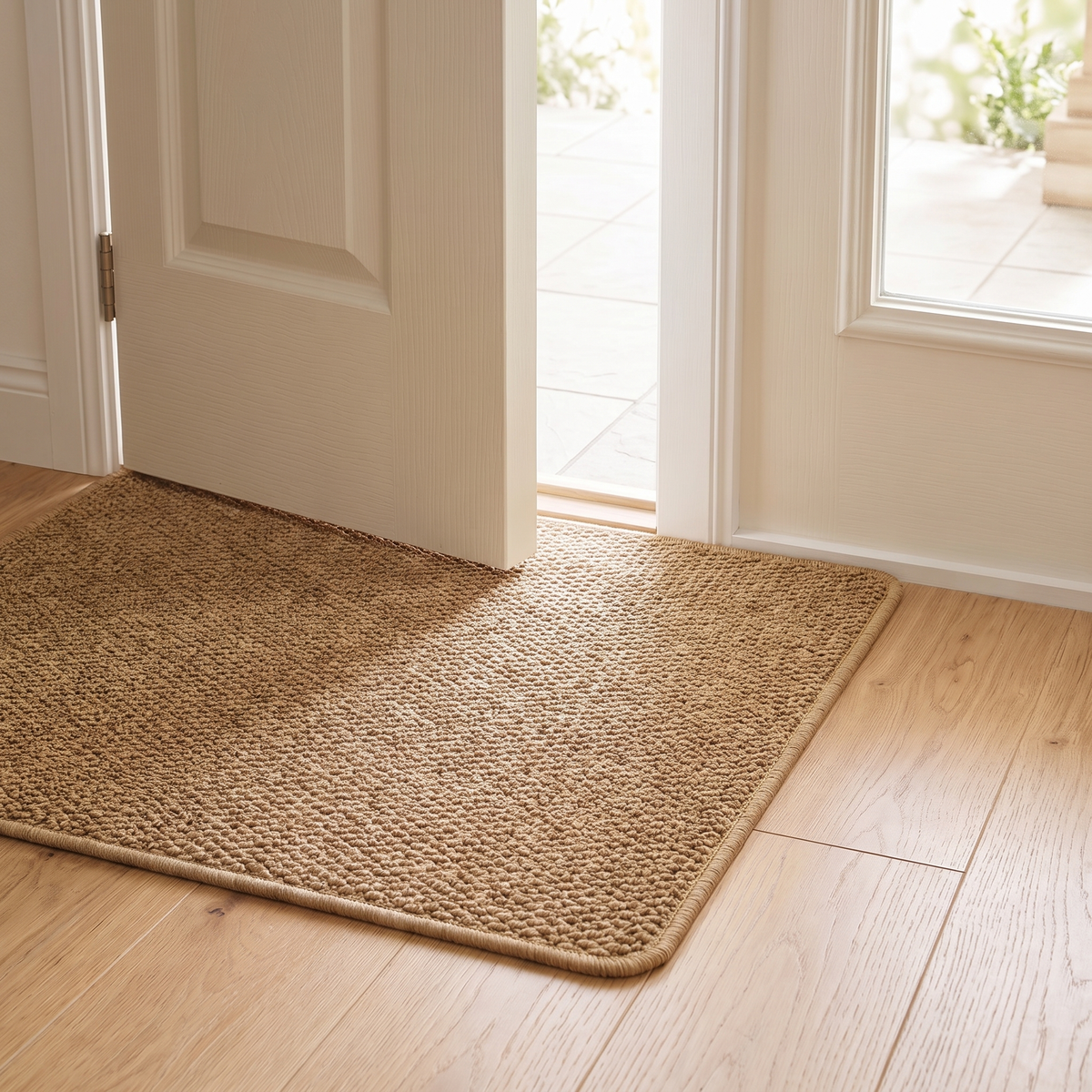 Close view of the faux jute weave and bound edge of the door mat