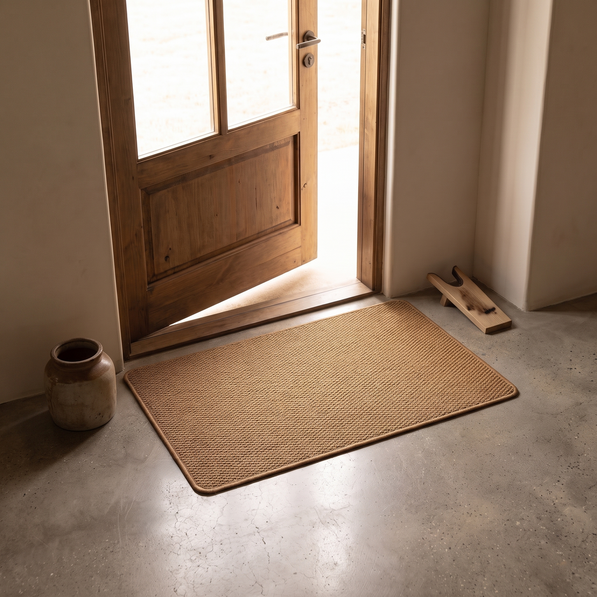 Faux jute door mat on a concrete floor at an open back door