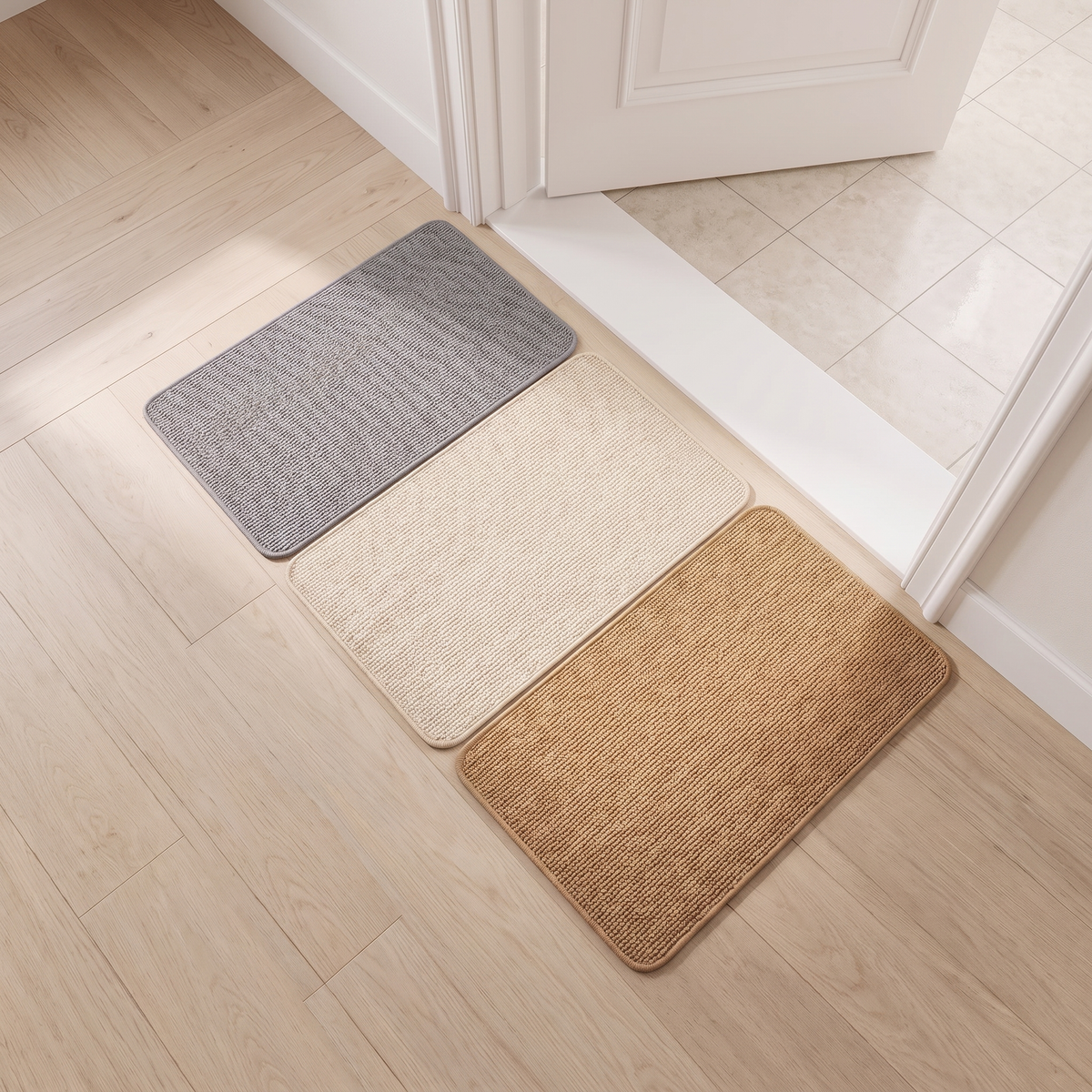 Faux jute door mats in gray, cream and natural side by side