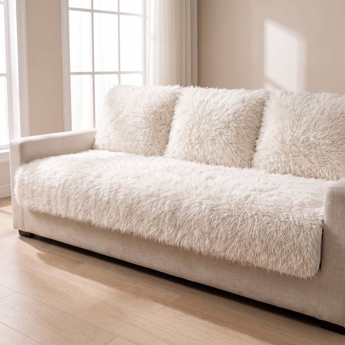 Off white faux lambswool cover fitted over a linen sofa seat and back cushions