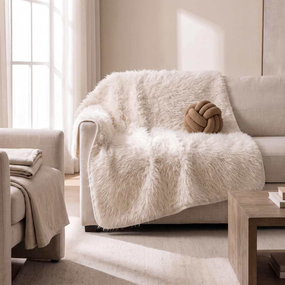 Off white faux lambswool cover on a sofa in a bright living room