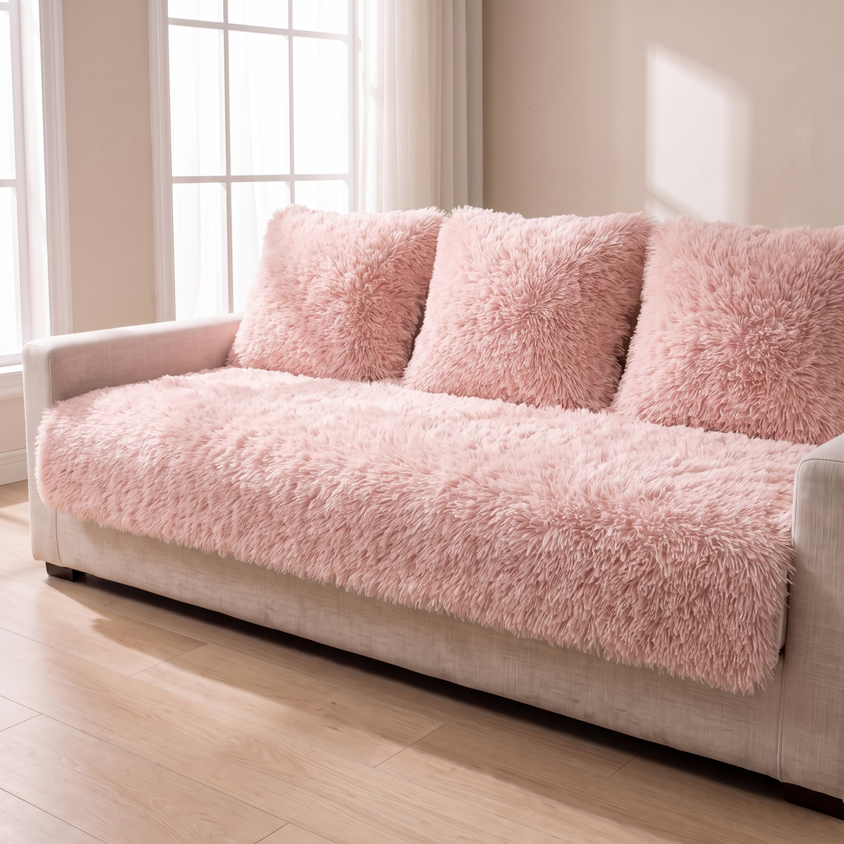 Pink faux lambswool sofa cover