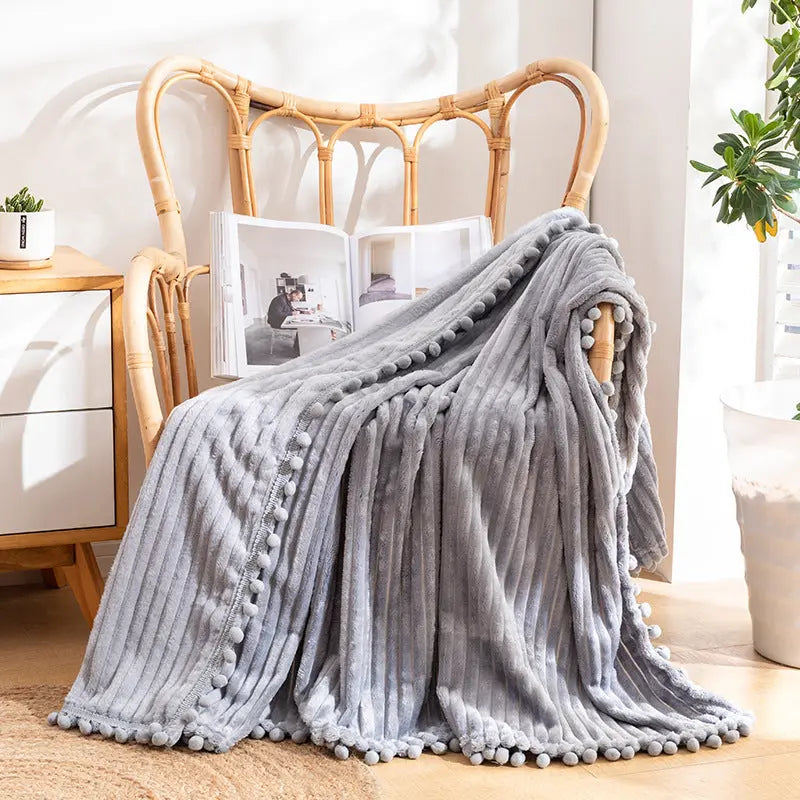 Velvet Pom Fringe Flannel Throw Blanket, Striped