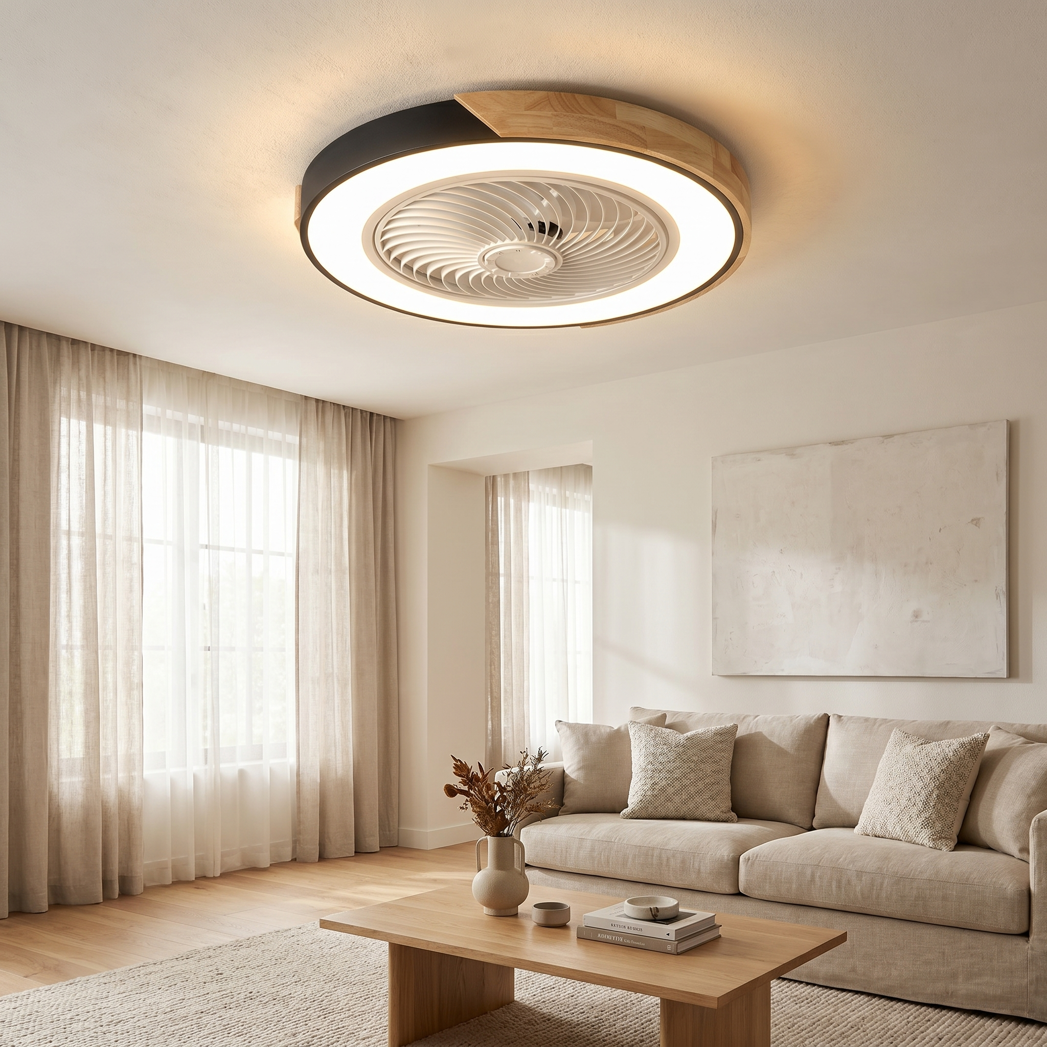 Flush Ceiling Fan with Light, Remote, 36W LED, PMMA and Iron, Dimmable