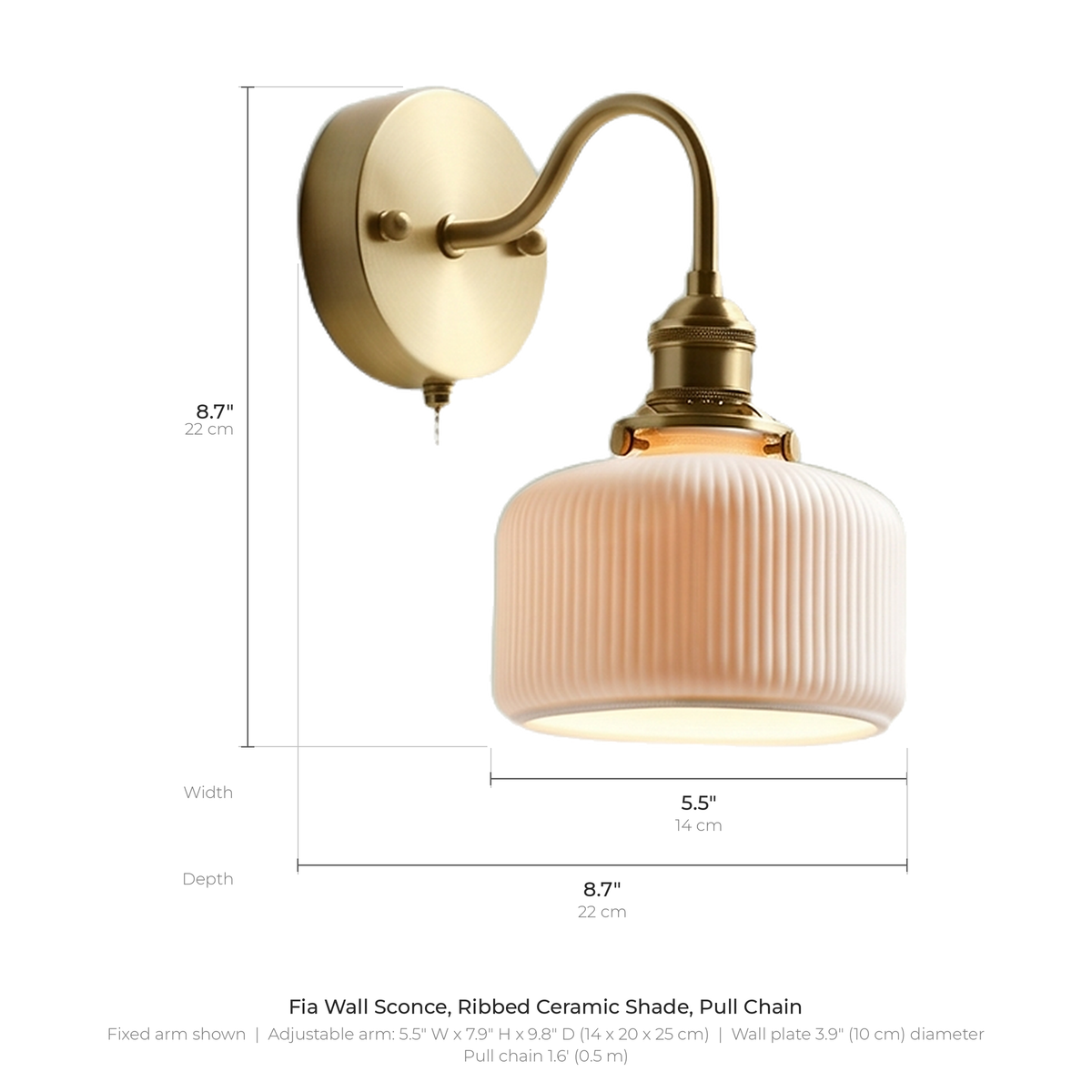 Fia wall sconce dimensions: fixed arm 8.7 inches tall with an 8.7 inch projection and a 5.5 inch shade