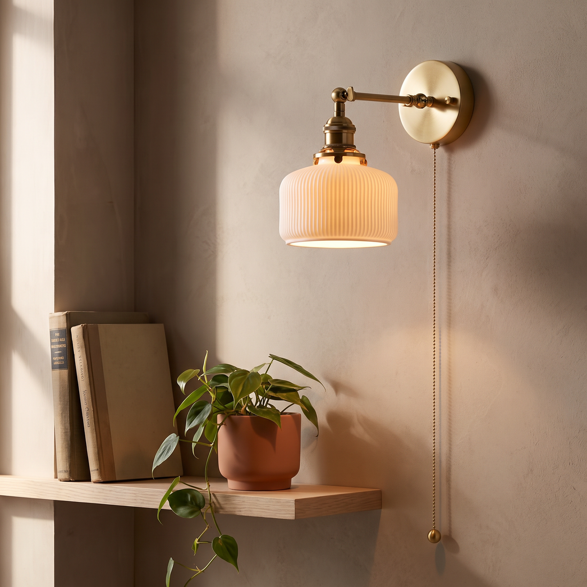 Swing arm wall sconce with a ribbed ceramic shade, lit, over a shelf with books and a plant