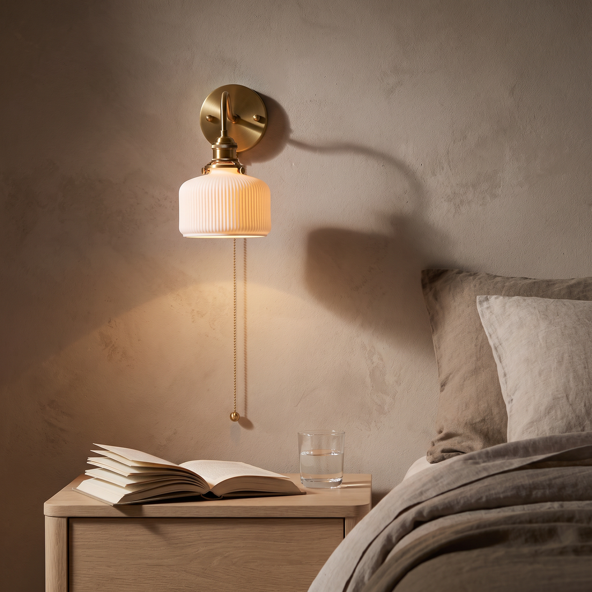 Brass wall sconce lit above a nightstand with an open book and a glass of water beside the bed
