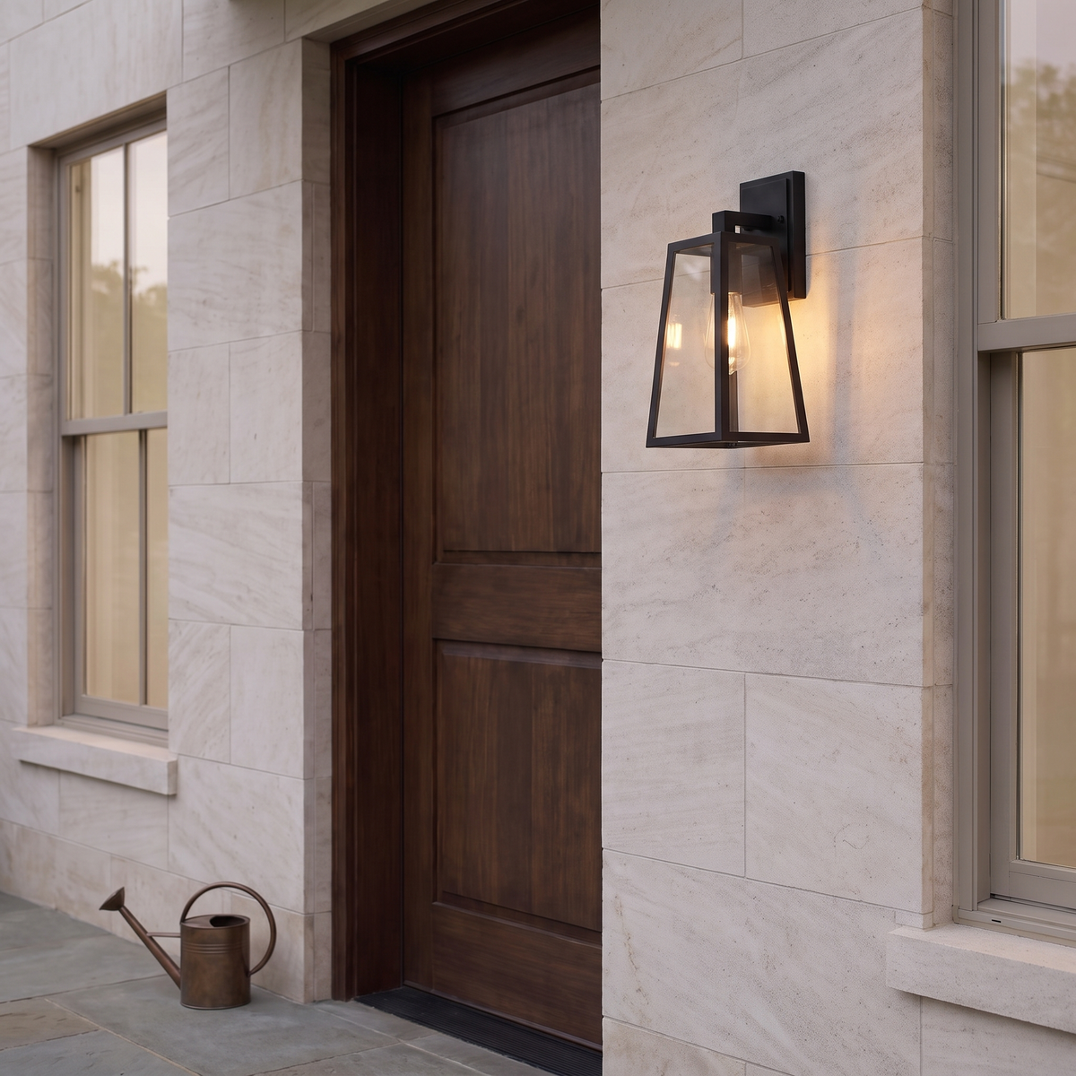 Fjell outdoor wall lantern lit beside a front door at dusk
