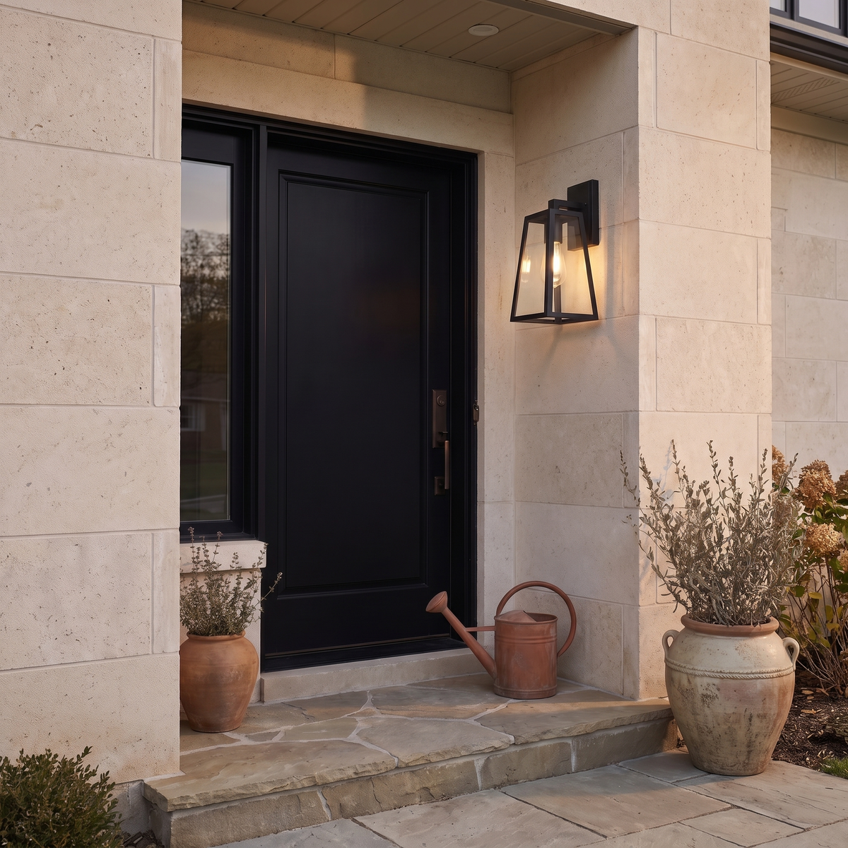 Fjell lantern mounted beside a black front door at dusk