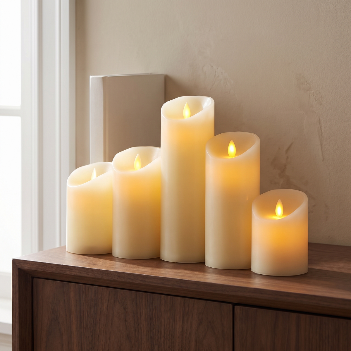 Five classic flameless LED pillar candles glowing on a walnut sideboard