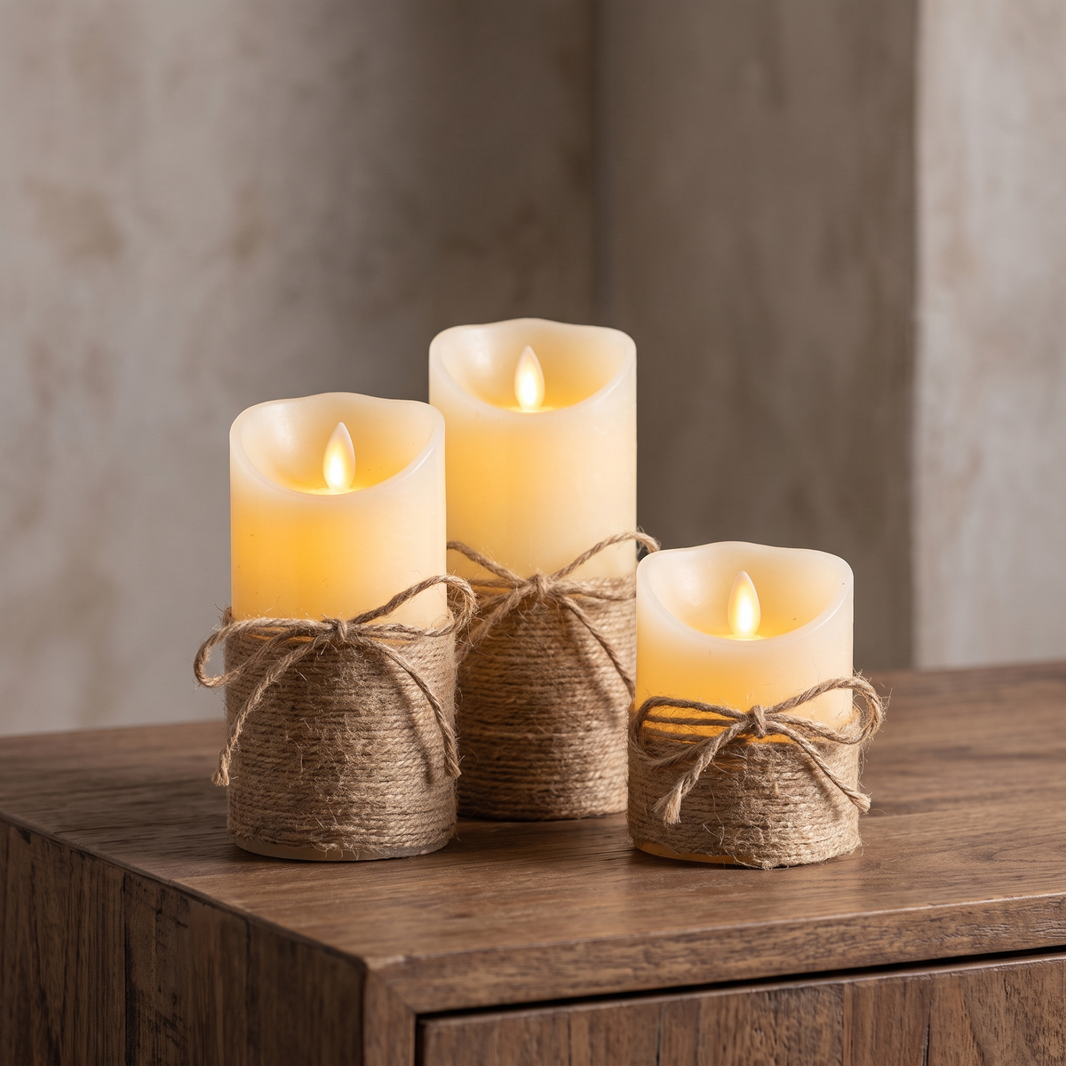 Flameless LED candles, Rope Wrapped, Set of 3