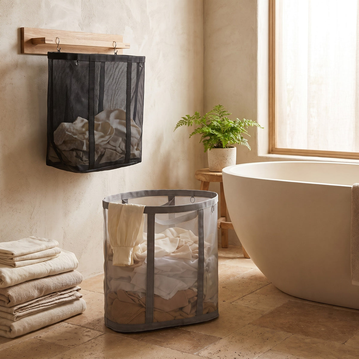 Black mesh laundry basket hanging on a wall hook above a gray one beside a bathtub