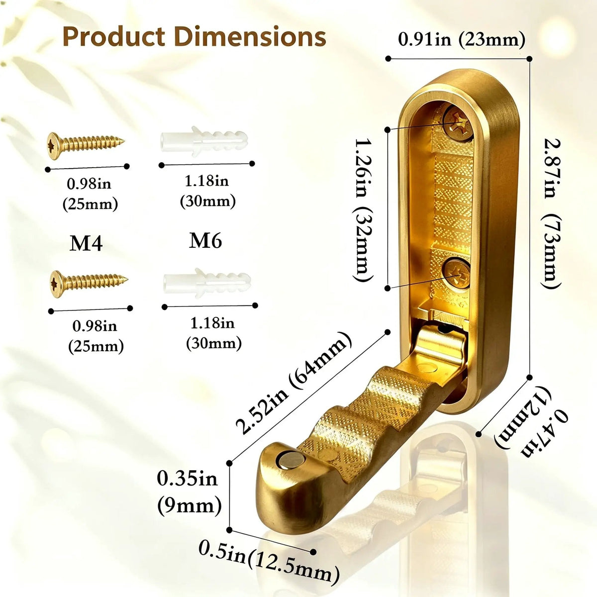 Folding wall hook size card in inches and millimeters with its screws and anchors