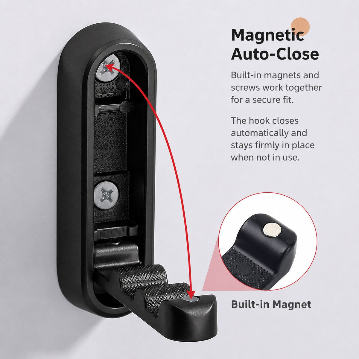 Folding wall hook closing on its built in magnet