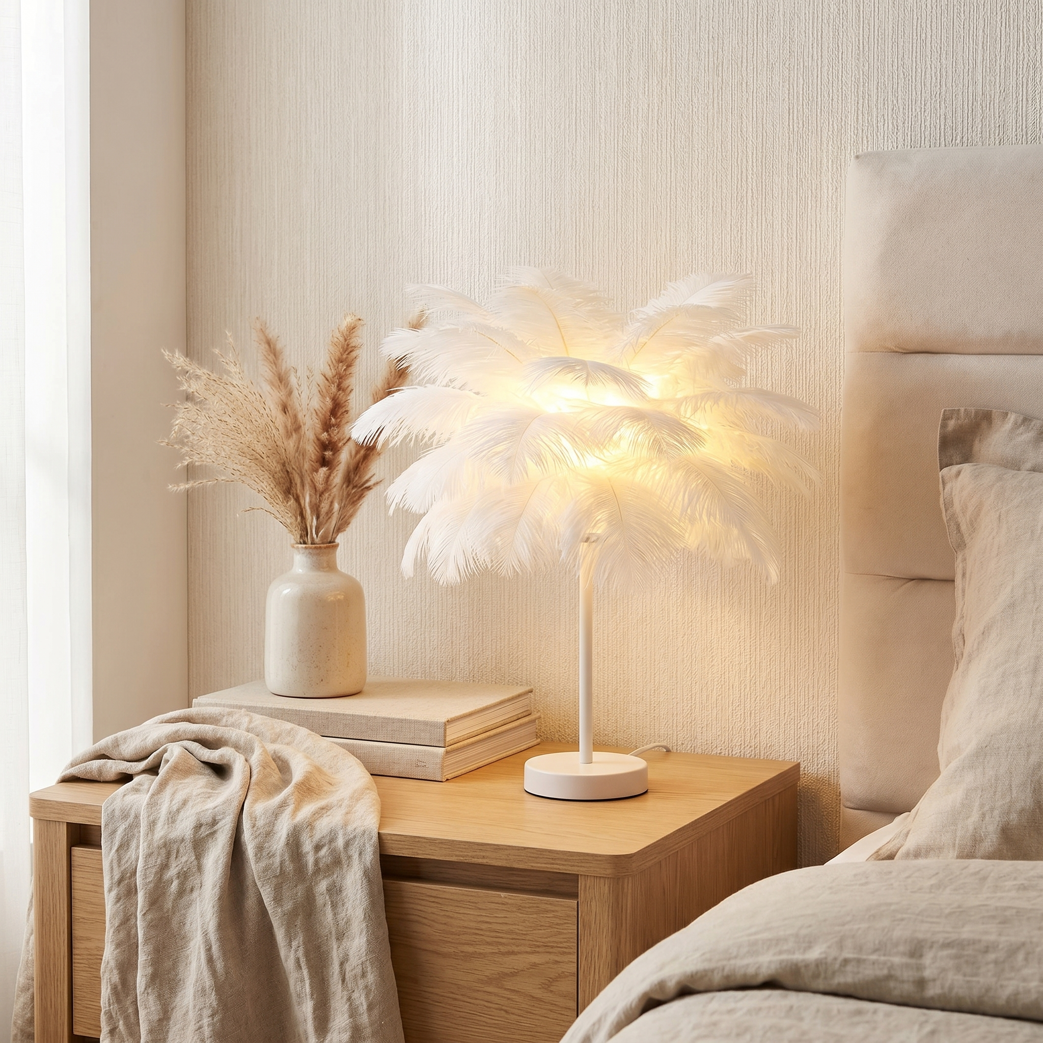 Feather Palm Lamp, Ostrich Feather and Metal, Remote Control, USB or Battery