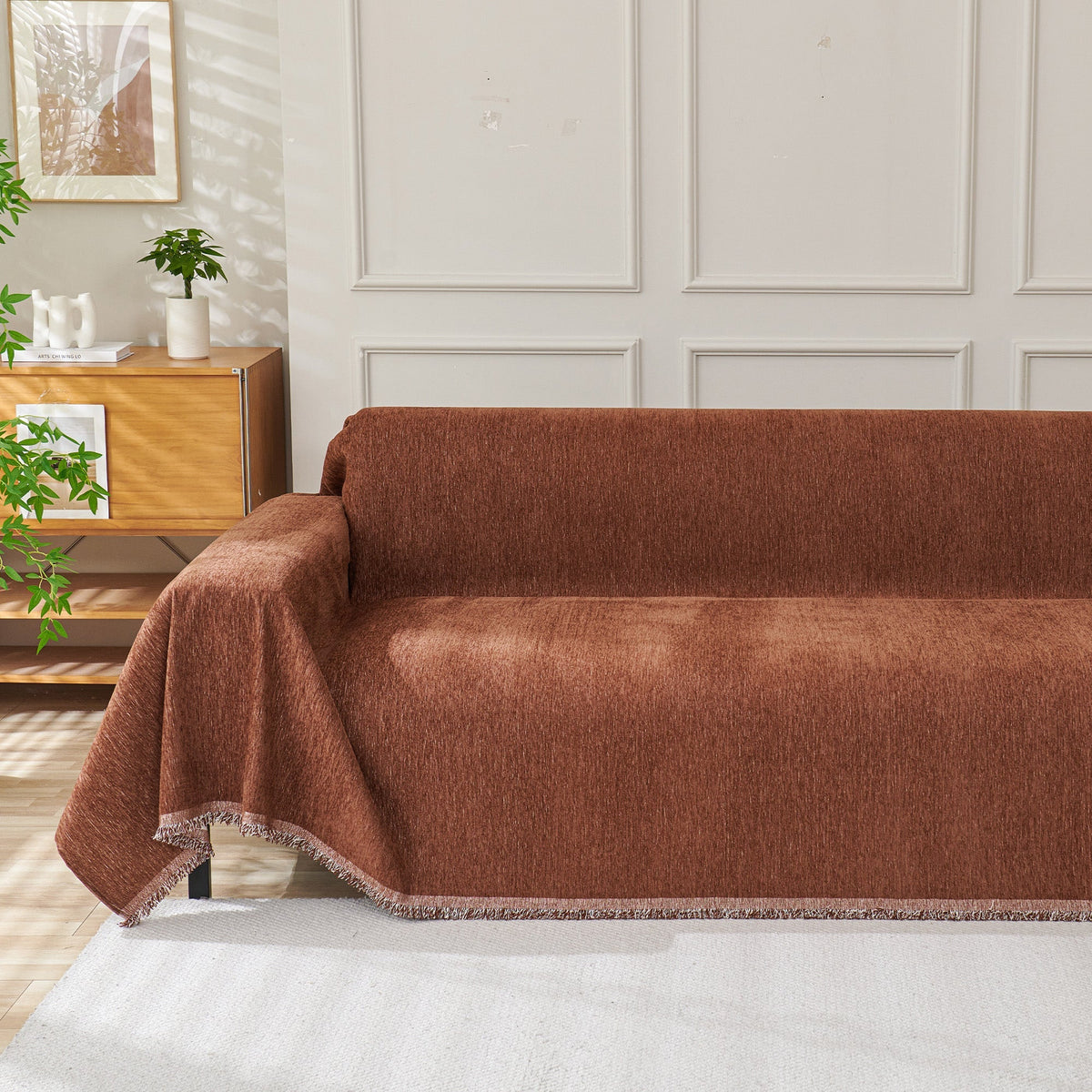 Brown woven cover over a sofa