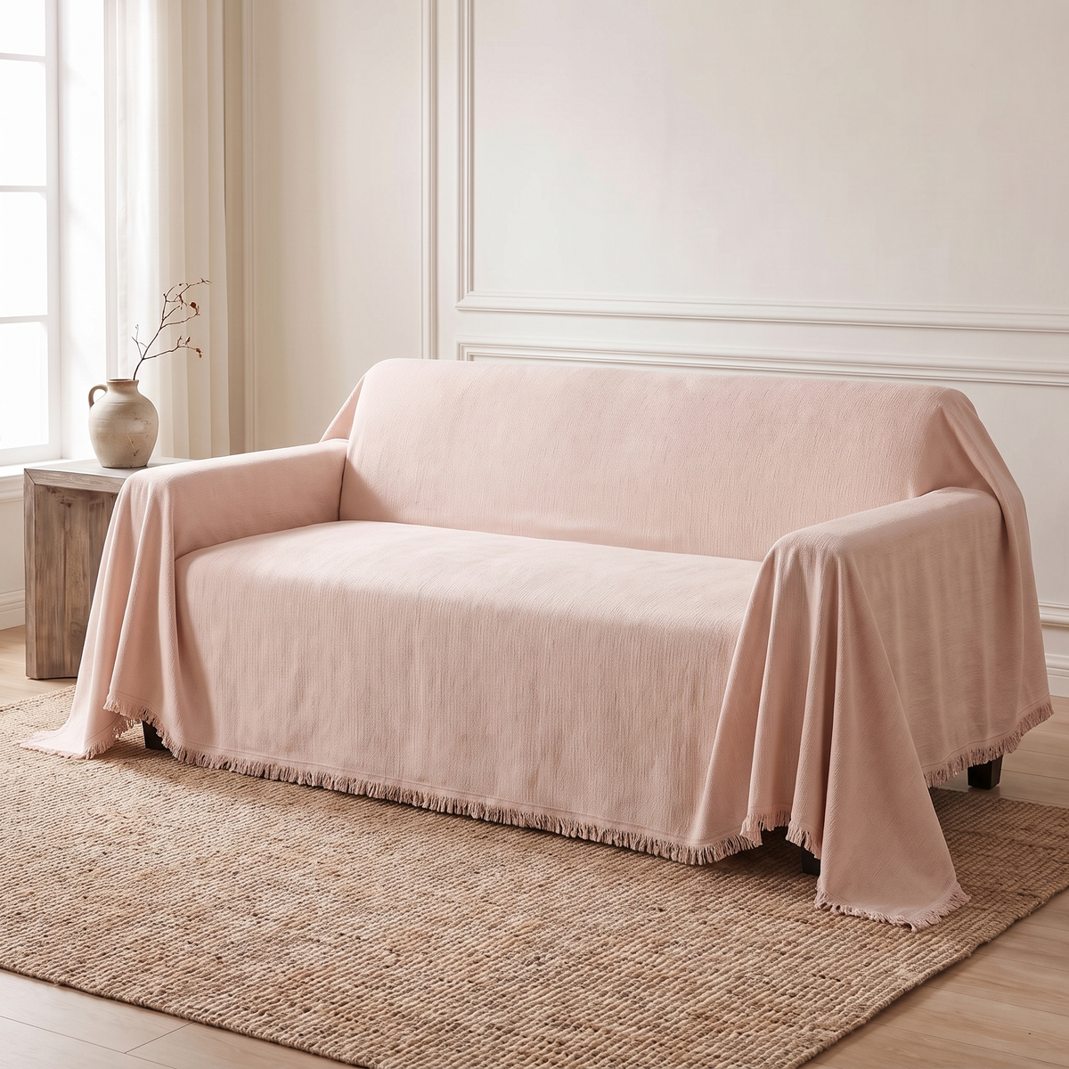 Blush pink woven sofa cover