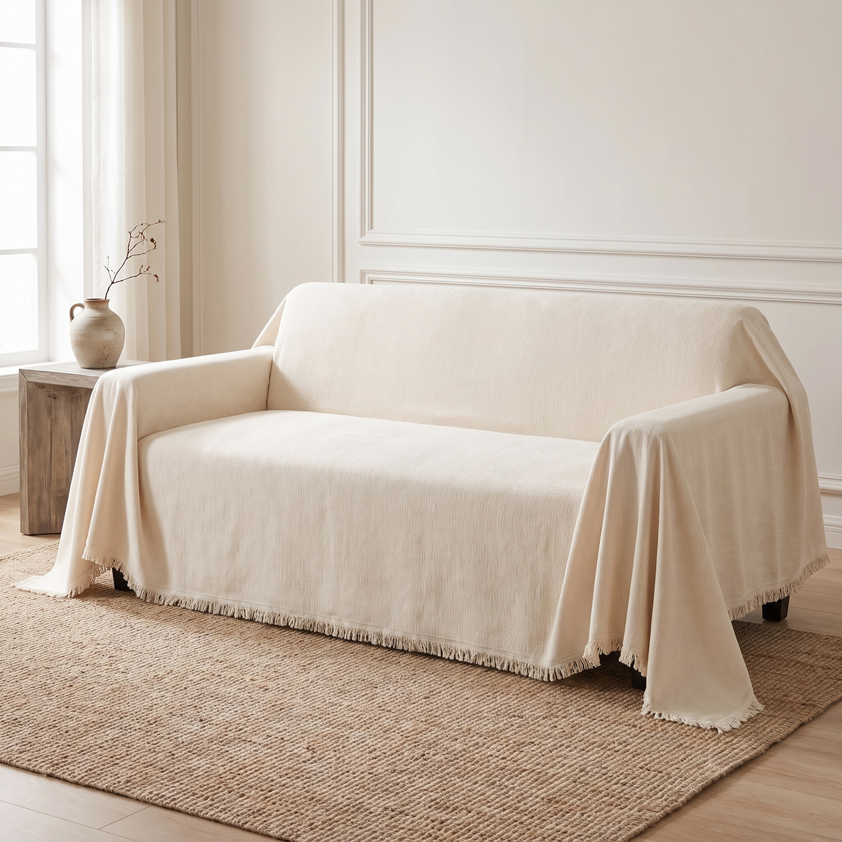 Cream woven sofa cover with fringe draped over a sofa