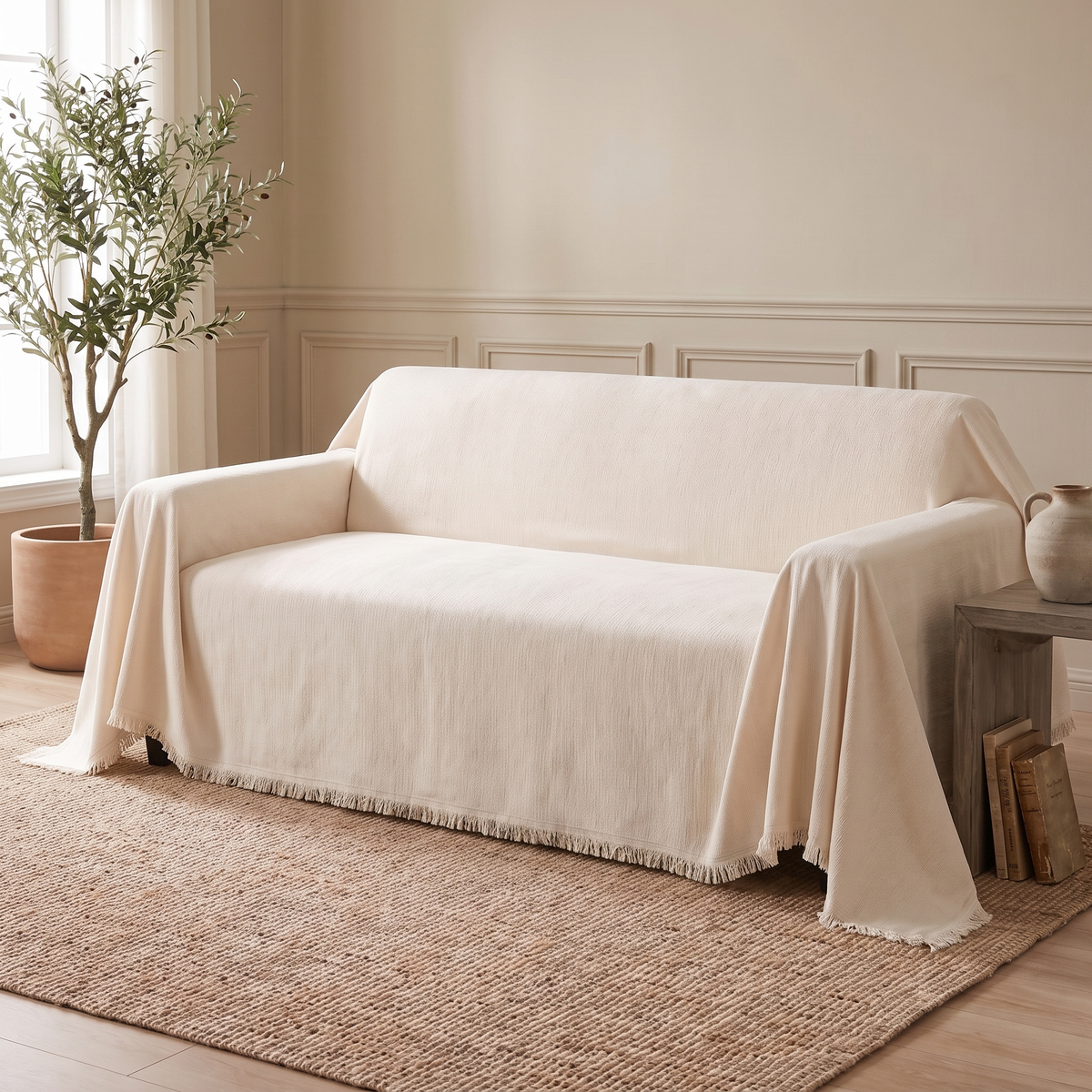 Cream woven cover draped and tucked over a three seat sofa
