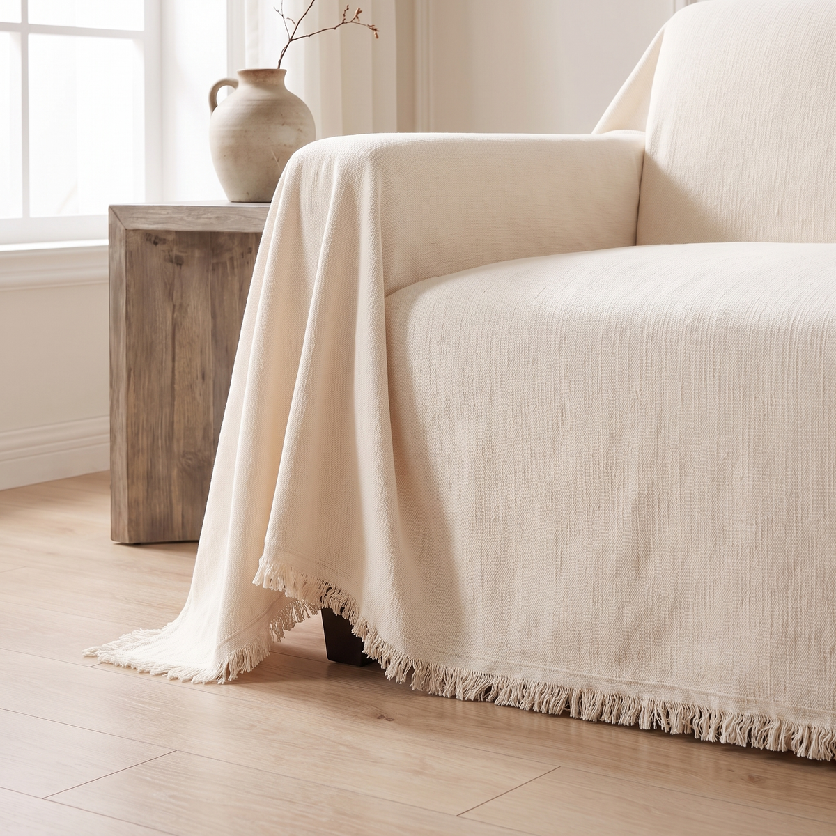Close view of the fringed edge of the cream woven cover