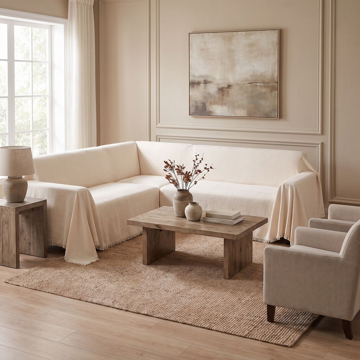 Cream woven cover draped over an l shaped sectional