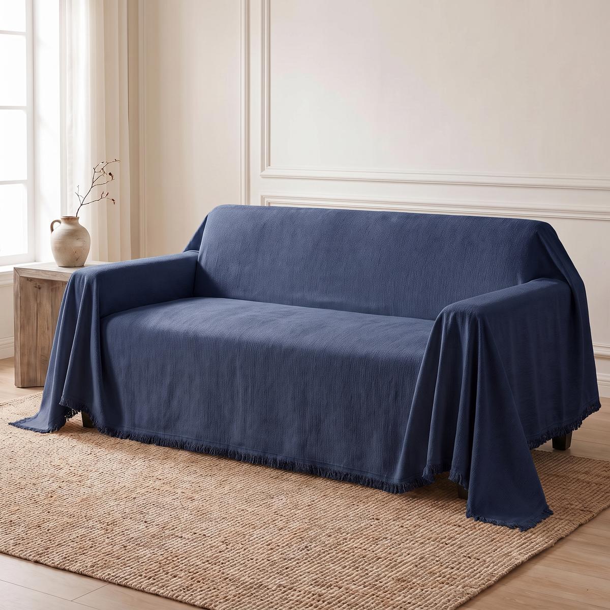 Navy blue woven sofa cover