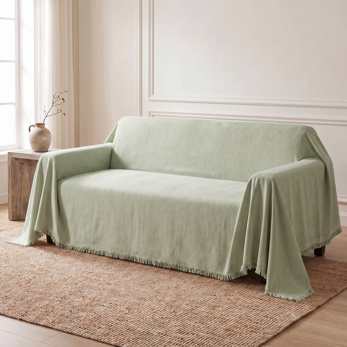 Sage green woven sofa cover