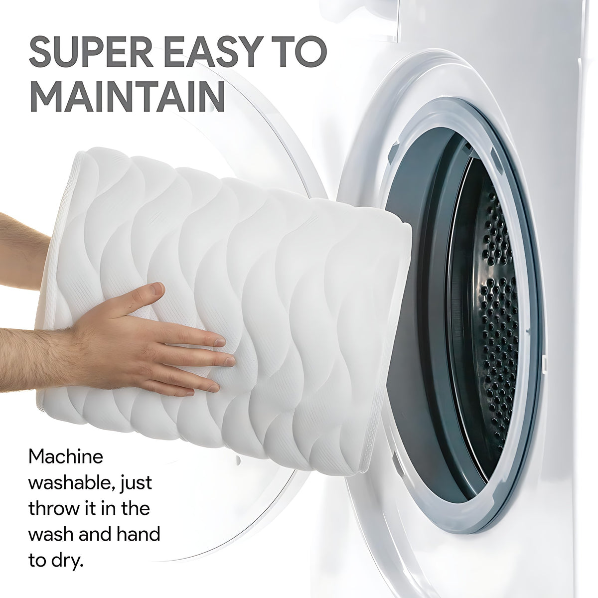 Full body bath pillow going into a washing machine, machine washable