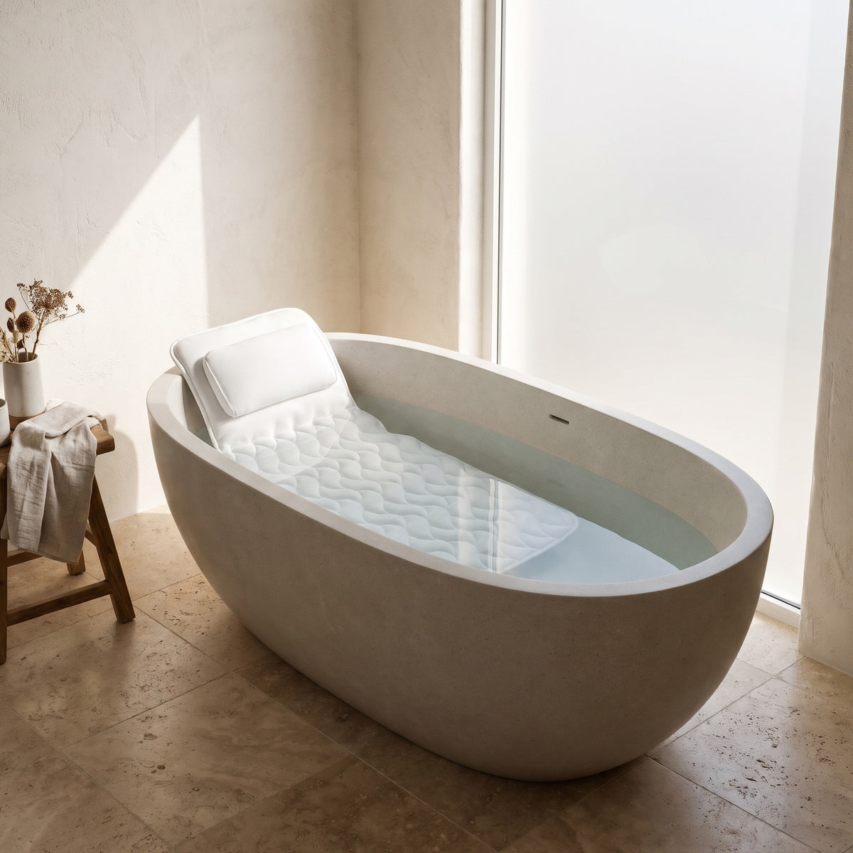Full body bath pillow in a stone bathtub