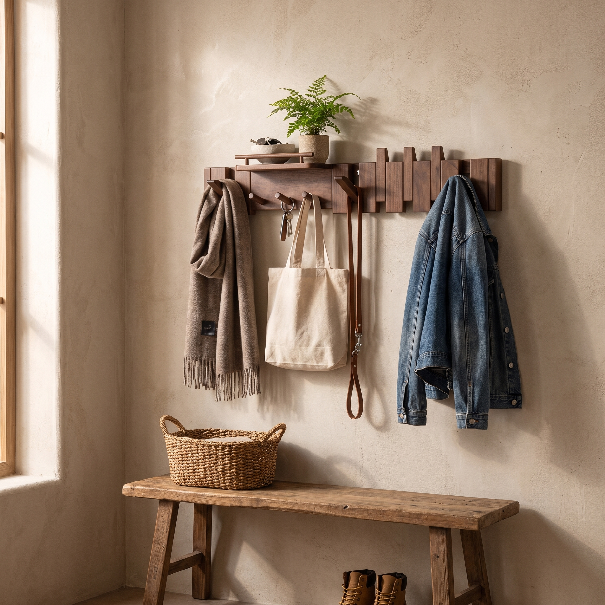 Foldable Wall Coat Hook Rack, Solid Rubberwood, 7, 9 or 11 Hooks