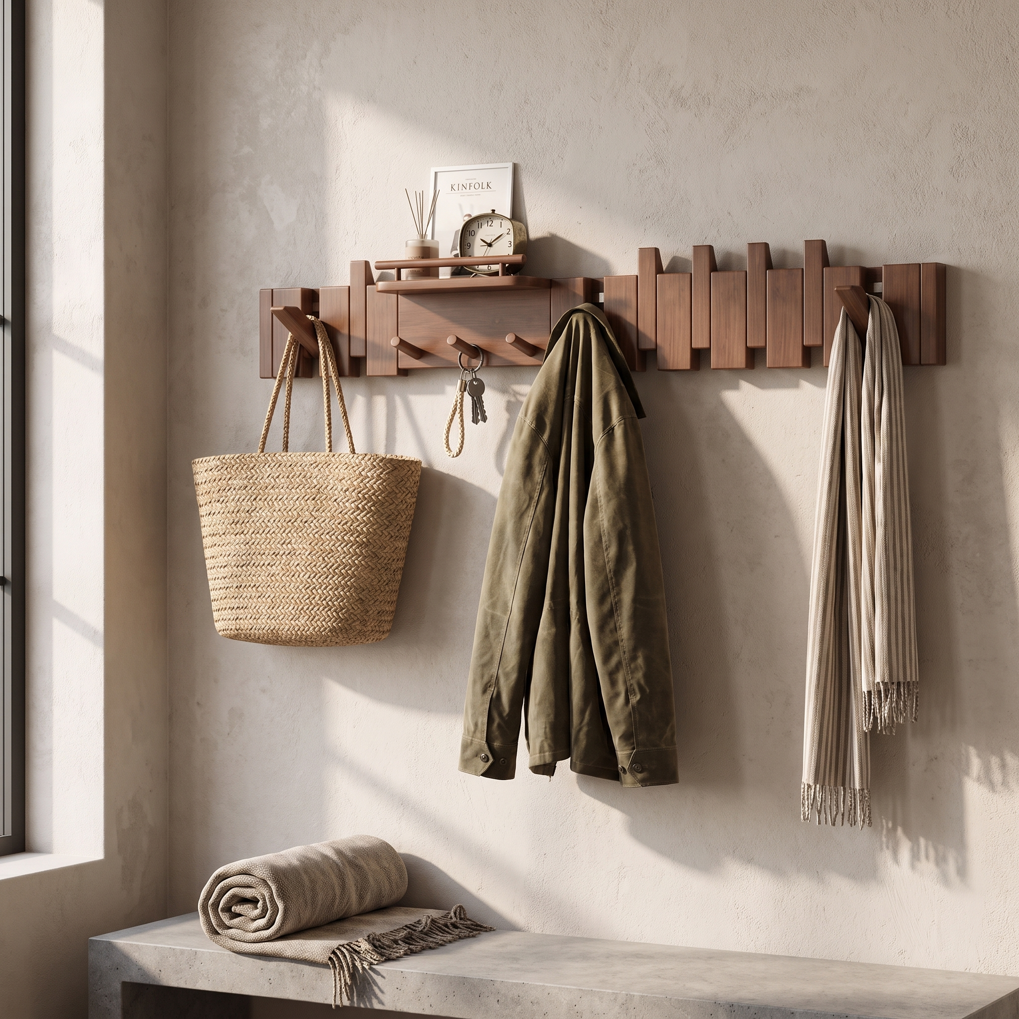Foldable Wall Coat Hook Rack, Solid Rubberwood, 7, 9 or 11 Hooks