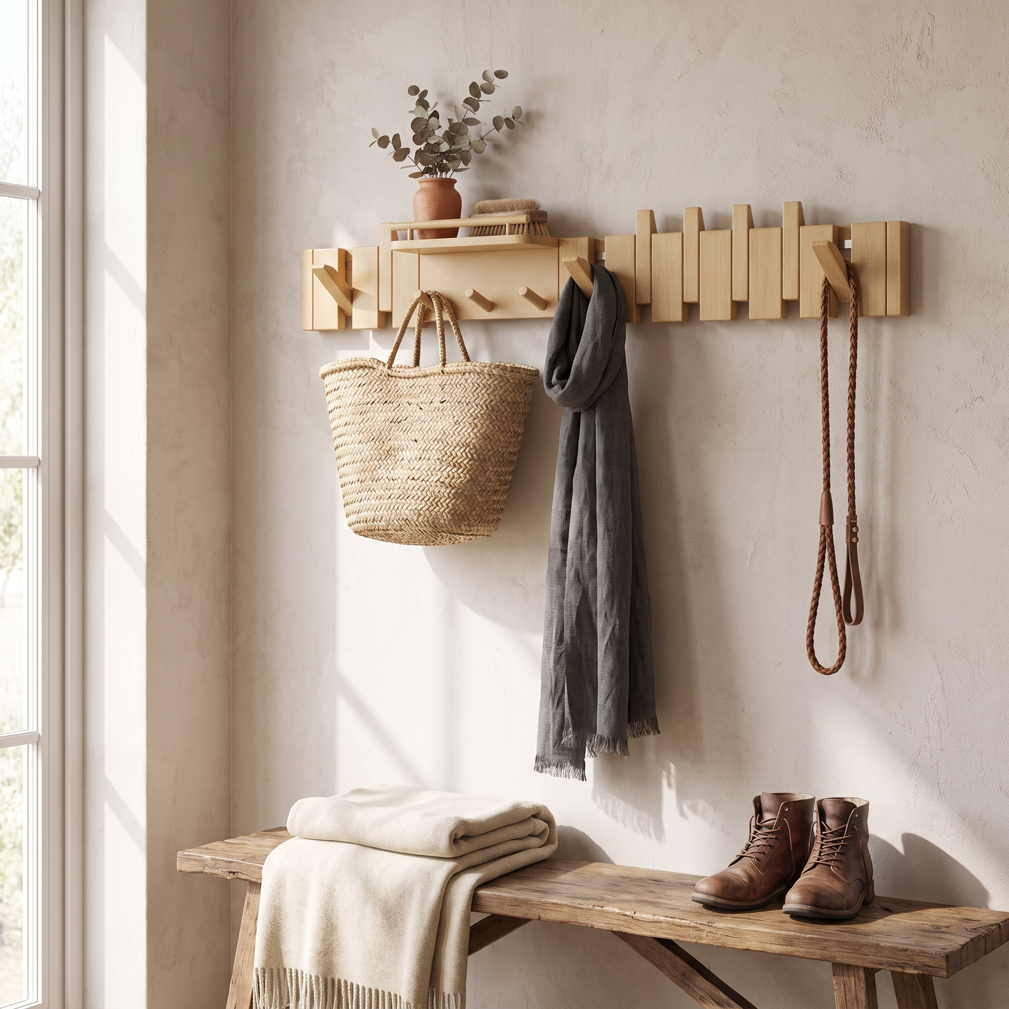 Foldable Wall Coat Hook Rack, Solid Rubberwood, 7, 9 or 11 Hooks