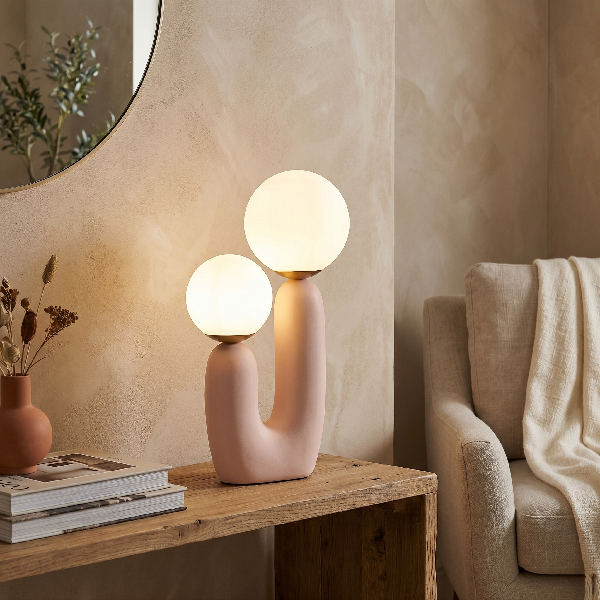 Glass and Resin Table Lamp, Two Spherical Shades, 10W LED, Three Colors