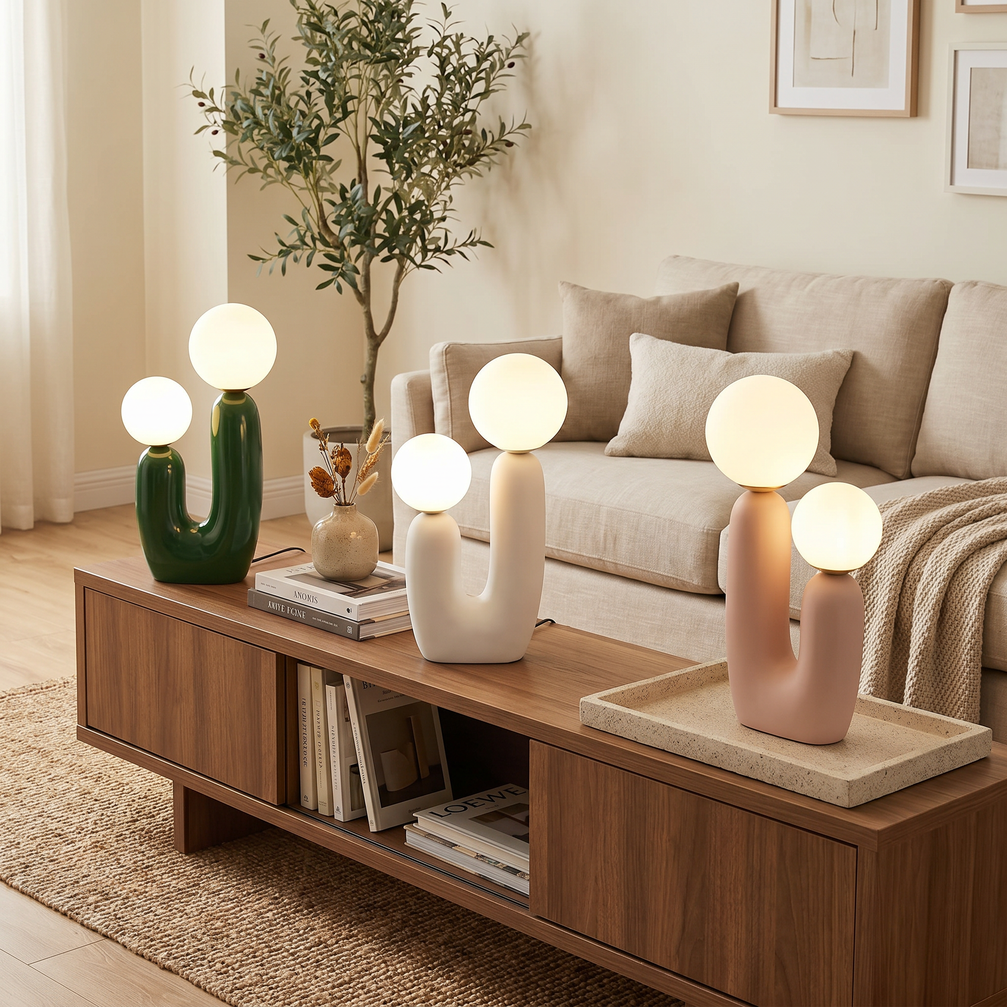 Glass and Resin Table Lamp, Two Spherical Shades, 10W LED, Three Colors