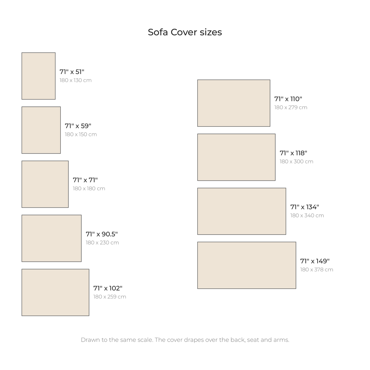Sofa Cover sizes drawn to scale with inches and centimeters