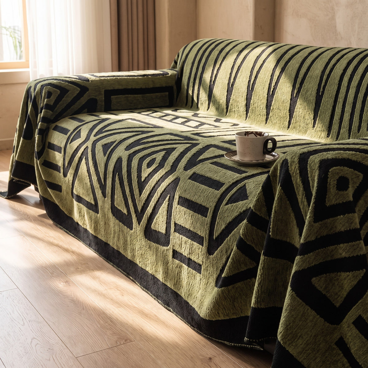 Sofa Cover in Olive Green on a sofa, soft, velvety jacquard