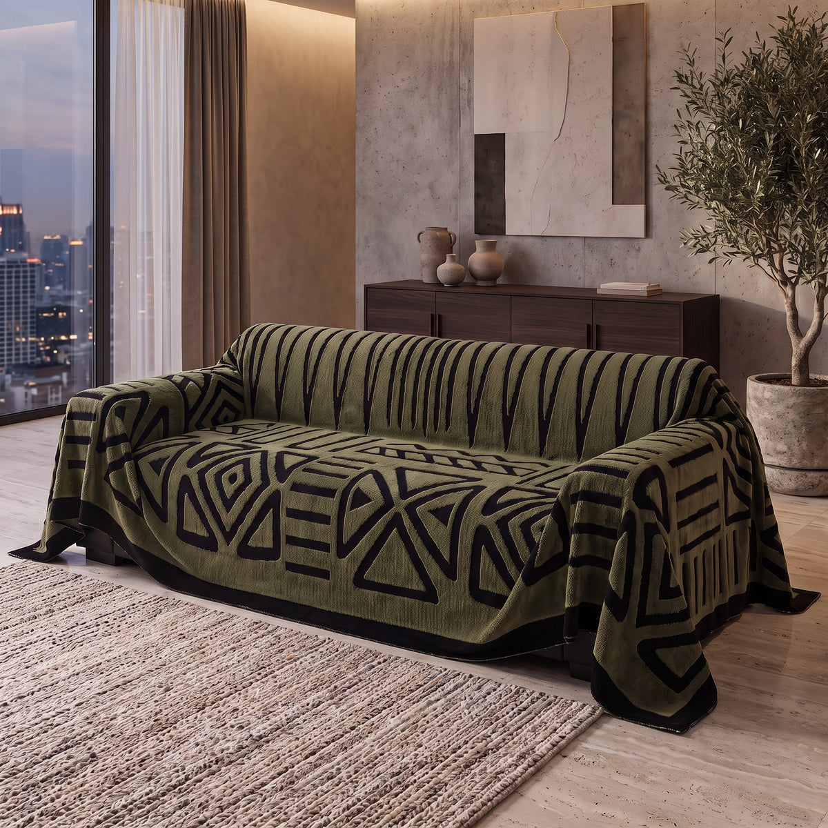 Sofa Cover in Olive Green on a sofa