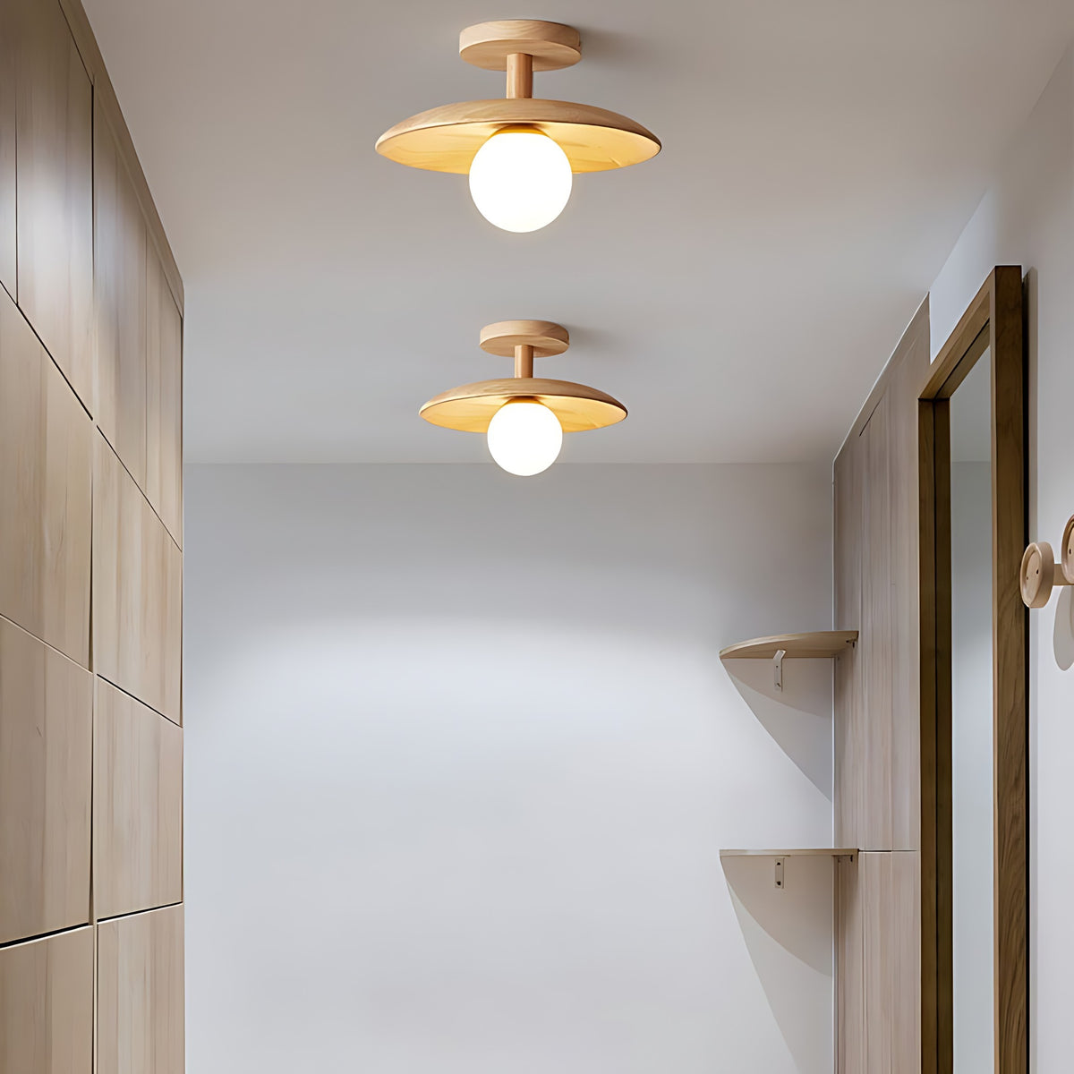 Gerda semi flush ceiling lights down a corridor