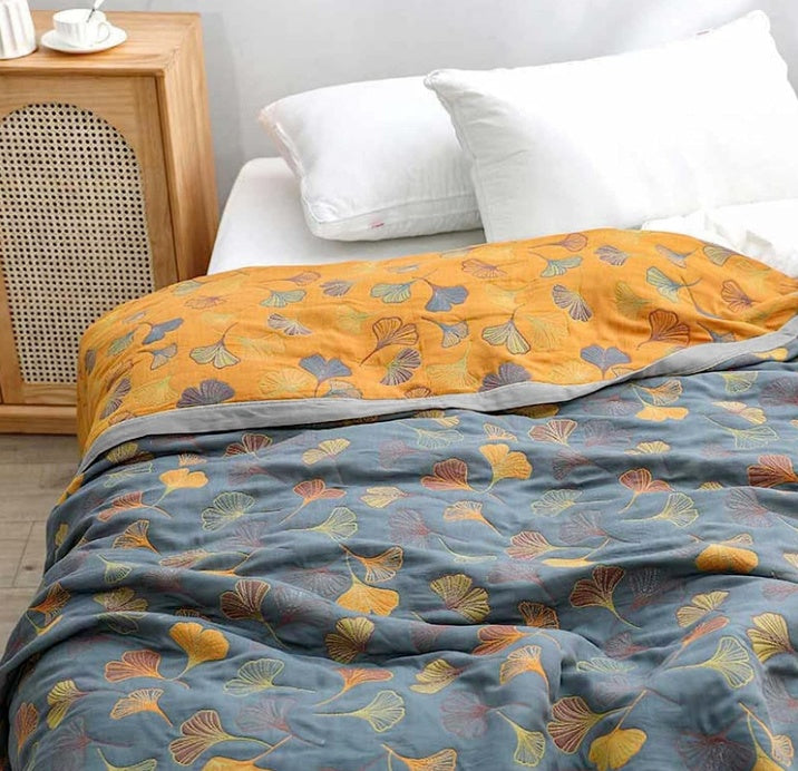 Ginkgo Leaf Reversible Throw Blanket, Cotton