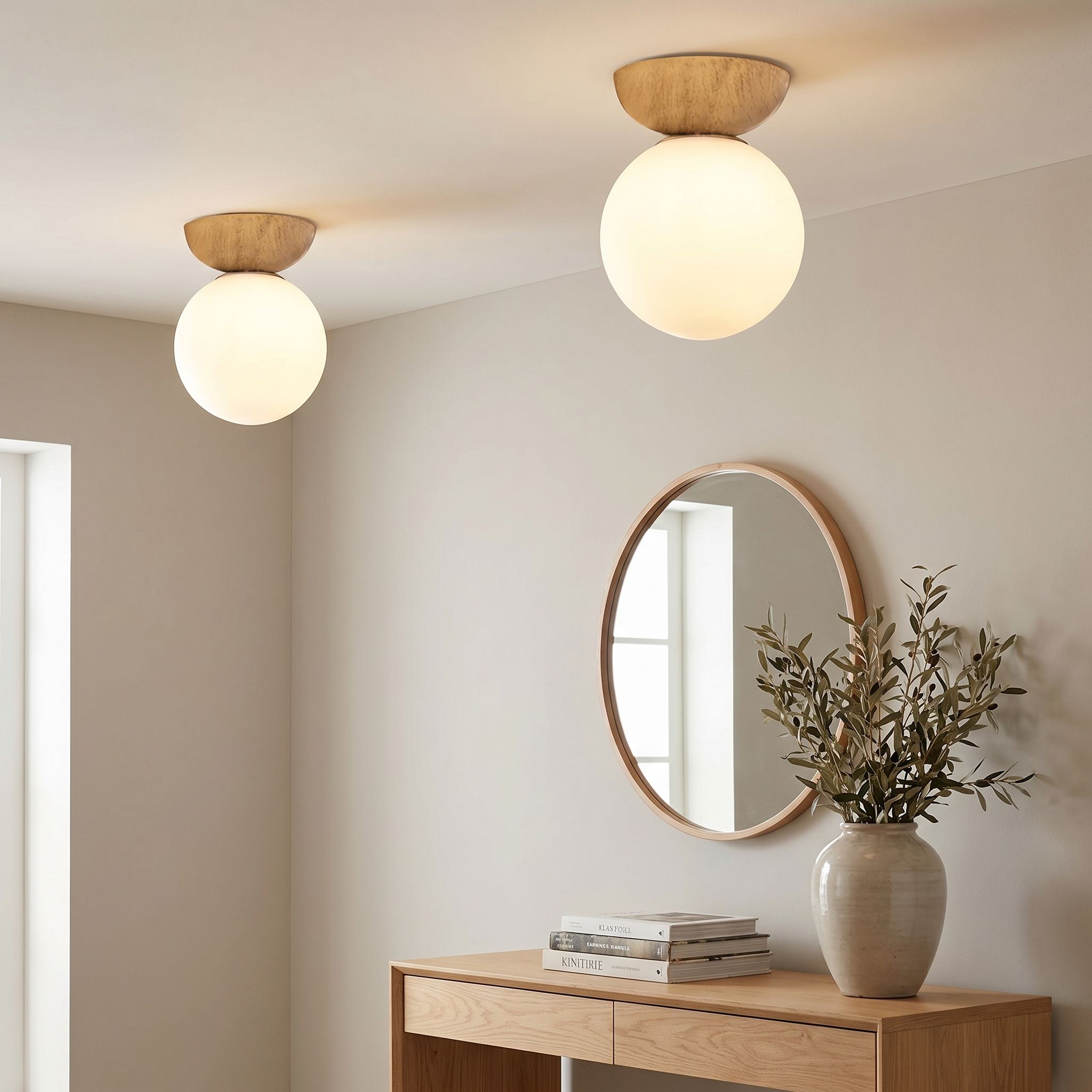 Glass Orb Ceiling Light, Iron, G9, Semi-Flush or Pendant, Wood or Walnut